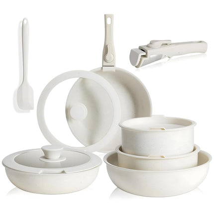 Juego de 12 sartenes y ollas Simple Deluxe, juego de utensilios de cocina antiadherentes, utensilios de cocina de inducción de granito blanco con mango desmontable, apto para horno, libre de PFAS y PFOA, beige