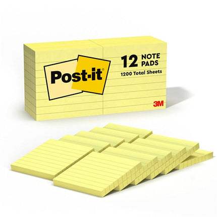 Post-it Notes, 3 in x 3 in, Canary Yellow, Lined, 12 Pads/Pack Yellow 100sheets Self-adhesive Pouch