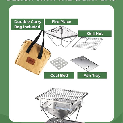 CAMPINGMOON Portable Charcoal Grill 9.65 Inch Stainless Steel Tabletop Grill Fire Pit 3 Level Adjustable Height Grill for Camping Outdoor Cooking Barbecue Carry Bag X-MINI-PRO