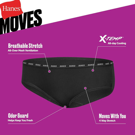 Hanes Girls' Big Moves Hipsters, Breathable Stretch Tween Underwear, X-Temp, Moisture-Wicking, 6-Pack, Black/Grey, Black/Grey, 14