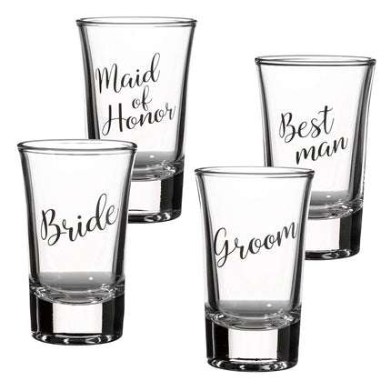 Lillian Rose Bride, Groom, Maid of Honor, and Best Man Shot Glass Set, 1.5oz, Clear