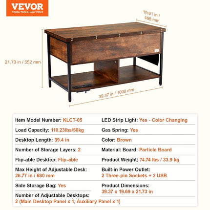VEVOR Lift Top Coffee Table, 39.4 in Rectangle Coffee Table with Extra Storage Pockets, Flipable Coffee Table with Power Strip & USB & Ambient Lighting for Living Room, Brown