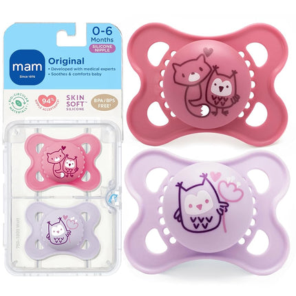 MAM Original Matte Baby Pacifier, Nipple Shape Helps Promote Healthy Oral Development, Sterilizer Case, Girl, 0-6 (Pack of 2)
