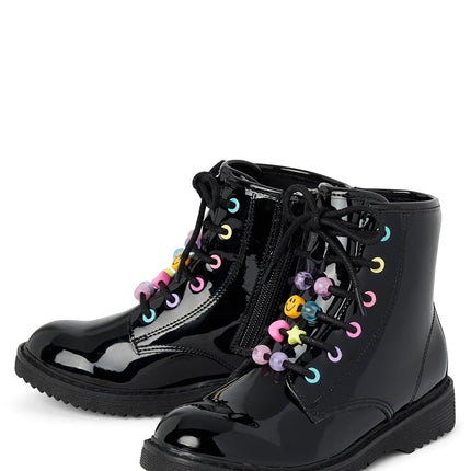 The Children's Place Girls' Lace Up Combat Boot, Black Beaded, 1 Big Kid
