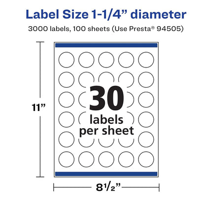 Avery Matte White Round Labels with Sure Feed, 1.25" Diameter, 3,000 Matte White Printable Labels
