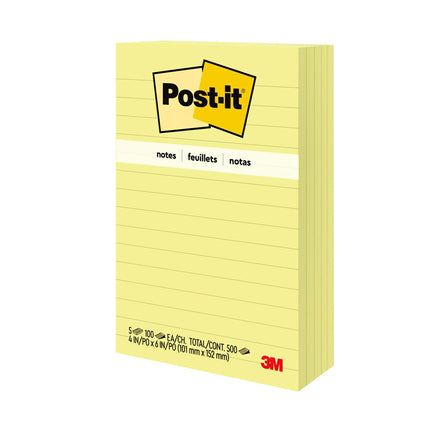 Post-it Notes, 4 in x 6 in, 5 Lined Sticky Notes Pads, 100 Sheets per Pad, Canary Yellow, The Original Post-it Note, School Supplies and O?ce Products