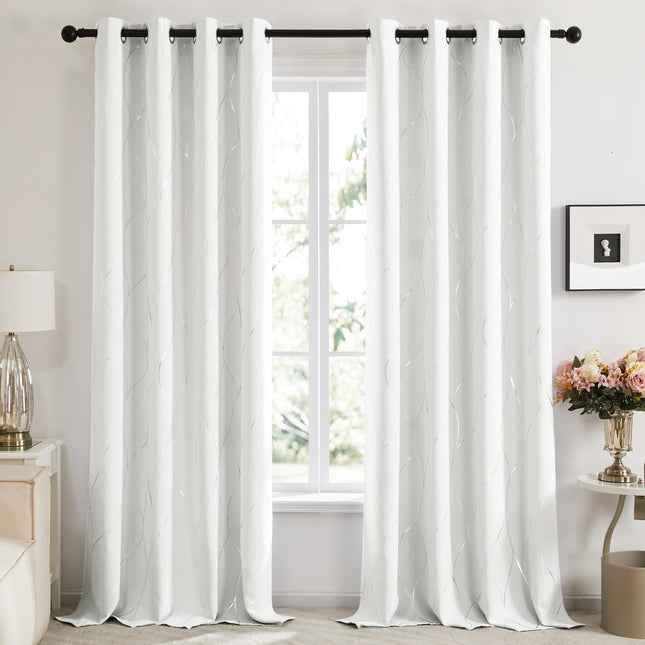 Deconovo Cortinas Opacas Plateadas o Doradas con Estampado de Ondas - Cortinas con Aislamiento Térmico y Reducción de Ruido con Ojales para Dormitorio y Sala de Estar, Blanco Grisáceo/Lino, 52 pulgadas de ancho x 84 pulgadas de largo, 2 paneles
