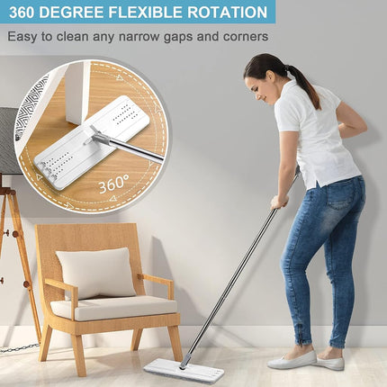 Flat Floor Mop and Bucket, BOSHENG Self Wringing Microfiber Mop and Bucket Set with 3 Washable and Reusable Pads, Home Floor Cleaning System for Wet and Dry Use.