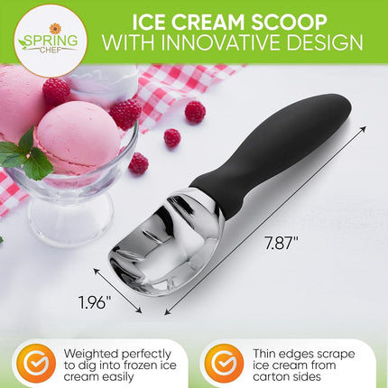 Cuillère à glace robuste Spring Chef avec manche confortable, cuillère à glace professionnelle en métal, ustensile de cuisine lavable au lave-vaisselle, cuillère à glace pour le gelato, le sorbet, la pâte à biscuits - Noir