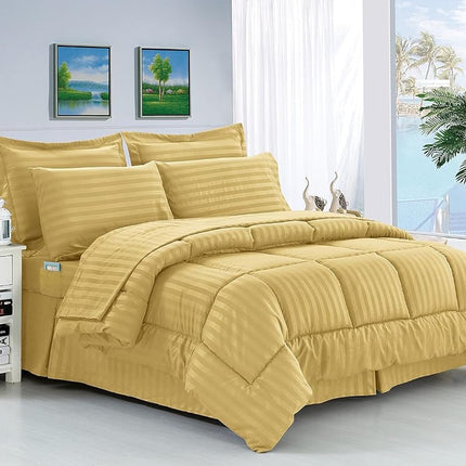 Élégant Confort Soie Douce Parure de Lit Complète à Rayures Dobby 8 Pièces, comprend un ensemble de draps intelligents 4 pièces, un cache-sommier, une couette, des taies d'oreiller et des housses de coussin assorties - Lit Simple/Simple XL, Doré