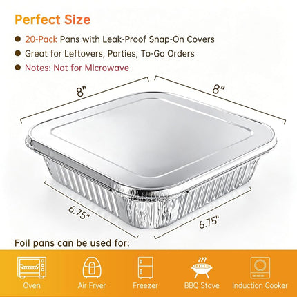 Ezsart 20 Pack 8x8 Aluminum Pans with Lids, 8x8 Foil Baking Pans with Lids
