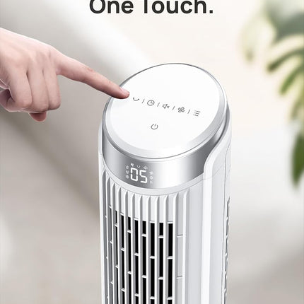 Dreo Tower Fans for Bedroom, 90� Oscillating Fans for indoors, 4 Modes 5 Speeds Max 26ft/s, 12H Timer, LED Display with Touch, Remote, 40" Quiet Bladeless Standing Floor Fan for Home Office, White