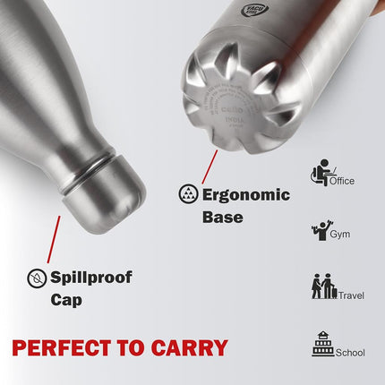 Cello Swift Stainless Steel Vacuum Insulated Flask 1000ml| Hot and Cold Water Bottle with Screw lid, Double Walled Silver Bottle for Home, Office, Travel, Steel Thermos Bottle 1L