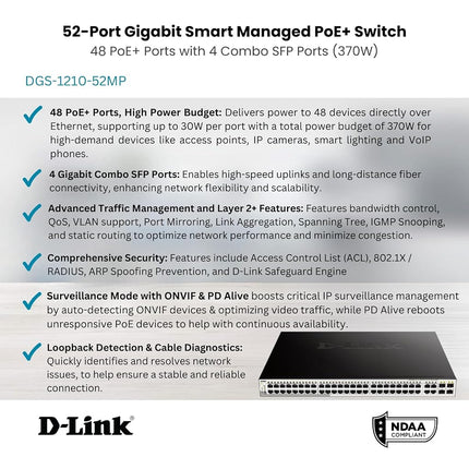 D-Link DGS-1210-52MP 52-Port Gigabit Smart Managed PoE Switch, 48 x 10/100/1000BASE-T PoE ports, 4 x Gigabit GbE/SFP Combo Ports, L2+ Static Routing, Surveillance Mode, 370 W PoE Budget , Black