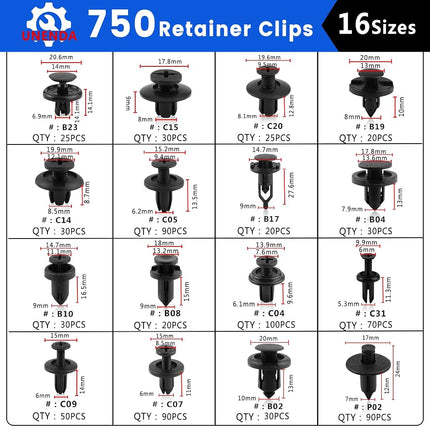 UNENDA Car Push Retainer Clips 630pcs with 16Most Popular Push Pins for Automotive Parts Sizes,Auto Push Pin Screw Clips with Blue Fastener Remover Tool for Toyota GM Ford Honda Acura Chrysler