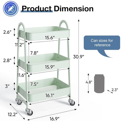 OLIXIS 3 Tier Utility Rolling Cart with Lockable Casters, Mobile Metal Storage Shelf, Organization for Living Room, Bathroom and Narrow Places, Pale Green