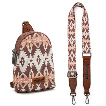 Wrangler Aztec Sling Bag Southwest Crossbody Bags Trendy Chest Bag, Light Coffee