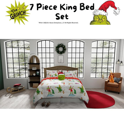 Franco Comforter and Sheet Set with Sham, Microfiber, Grinch-White + Red, 7 Piece King Size