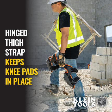 Klein Tools 60491 Hinged Knee Pads Heavy Duty Gel Foam Protectors with Quick Release Buckle and Thigh Strap - Black