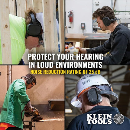 Klein Tools 60613 Behind-the-Head Earmuffs, 25dB Hearing Protection, Adjustable Headband, for Construction, Manufacturing, Maintenance, Woodworking