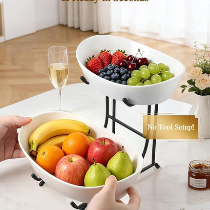 Yedio 2 Tier Ceramic Fruit Bowl for Kitchen Counter with Black Metal Stand
