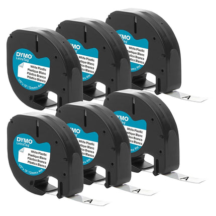 DYMO Authentic LT Plastic Labeling Tape for LetraTag Label Makers, 1/2" (12mm), Black Print On White Tape, 6-Pack