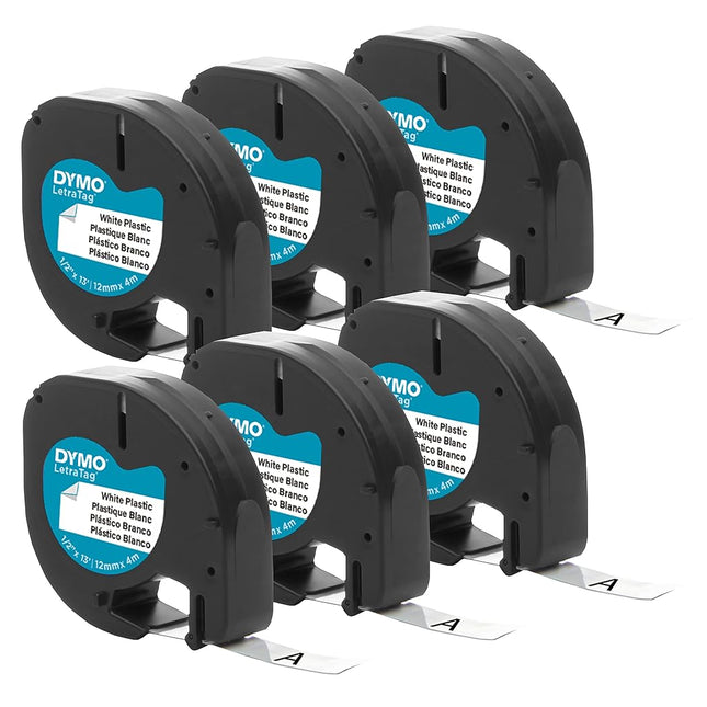 DYMO Authentic LT Plastic Labeling Tape for LetraTag Label Makers, 1/2" (12mm), Black Print On White Tape, 6-Pack