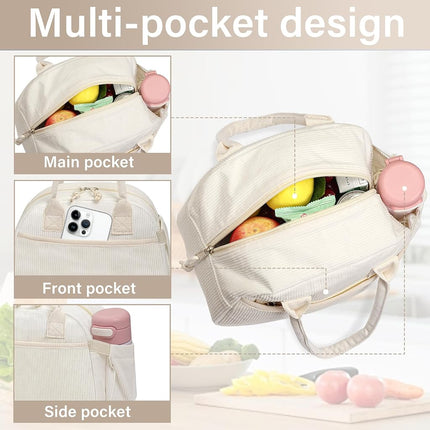 Carry Bloom Lunch Box for Women, Insulated Lunch Bag Cute Corduroy Lunchbag Reusable Lunchbox for Work (1 Pink White Stripes)
