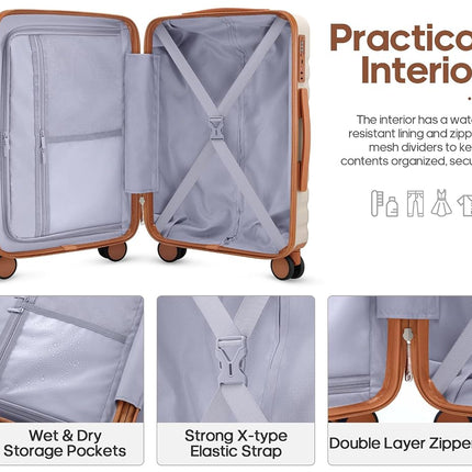 UKEIN Luggage Sets 3 Piece, Carry On Luggage 20In With Spinner Wheels,PC Hardside Suitcase Set with TSA Lock,Durable Carry On Suitcase With Travel Backpack for Men, Beige, 3 piece set (20inch