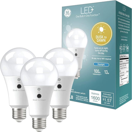GE LED+ Dusk to Dawn A21 LED Light Bulb, Automatic On/Off Outdoor Light, 13W, Daylight (3 Pack)