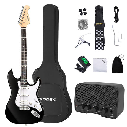 AODSK Electric Guitar with Amp Beginner Kit 39 Inch Solid Body Full Size,HSS Pick Up,All Accessories,Digital Tuner,Six Strings,Four Picks,Tremolo Bar,Strap,Gig Bag,Starter kit -Black
