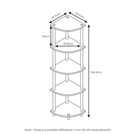 Furinno TURN-N-TUBE Corner Shelf, 5-Tier Corner Bookshelf, Open Storage Shelves, for Organization and Storage, Living Room, Home Office, Garage, Bedroom, Light Cherry