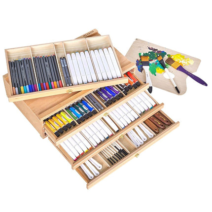 MEEDEN 4-Drawer Artist Supply Storage Box - Portable Foldable Multi-Function Beech Wood Artist Pencil & Brush Storage Box with Drawer & Compartments for Pastels, Pencils, Pens, Brushes, Stamp