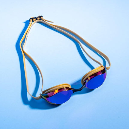 ARENA Unisex Python Racing Swim Goggles for Men and Women Anti-Fog Mirror Lens Max Comfort Dual Strap, Blue Mirror/White Sky