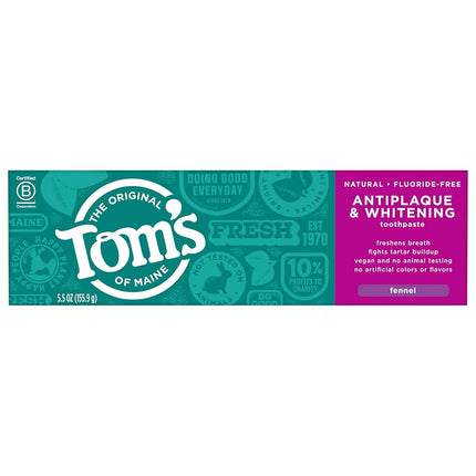Tom's of Maine Natural Fluoride-Free Antiplaque & Whitening Toothpaste, Fennel 5.50 oz ( Pack of 2)