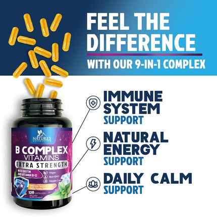 Vitamin B Complex - All B Vitamins Including B12, B1, B2, B3, B5, B6, B7, B9, Folic Acid - Natural Energy Support - High Absorption Vitamin B Supplement - 120 Capsules