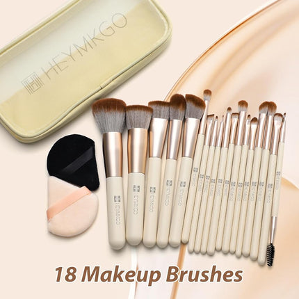 Makeup Brushes, HEYMKGO 18pcs Professional Makeup Brush Set with 2 Powder Puff & Travel Bag, Premium Synthetic Foundation Powder Blush Blending Face Brush Kit, Eyeshadow Makeup Brushes & Tools