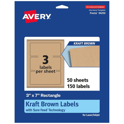 Avery Kraft Brown Rectangle Labels with Sure Feed, 3" x 7", 150 Kraft Brown Labels, Print-to-The-Edge, Laser/Inkjet Printable Labels