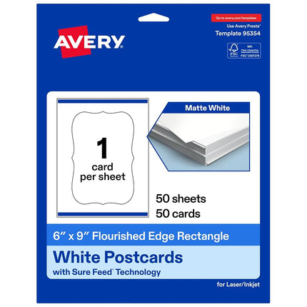 Avery Printable Rectangle Cards, Flourished Edges, Sure Feed Technology, 6" x 9", Matte White Cardstock, Print-to-the-Edge, Laser/Inkjet, 50 Total, Great for Postcards and Thank You Cards