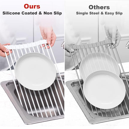 MERRYBOX Roll Up Dish Drying Rack Silicone Wrapped Over The Sink Dish Rack Foldable Dish Drainer Anti-Slip Dish Racks for Kitchen Counter, Multipurpose Kitchen Sink Drying Rack, 20.5" x 13", White