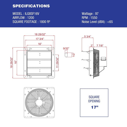iLiving - 16" Wall Mounted Exhaust Fan - Automatic Shutter - Variable Speed - Vent Fan For Home Attic, Shed, or Garage Ventilation, 1200 CFM, 1800 SQF Coverage Area (Power Cord Not Included)