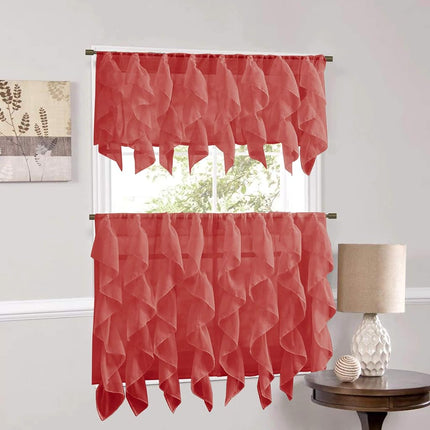 Sweet Home Collection Cortina de Cocina Vertical Transparente con Volantes en Cascada para Ventana - Opción de Cenefa, Visillo de 24" o 36", y Kit, Juego de Visillos, Borgoña