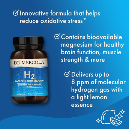 Dr. Mercola H2 Molecular Hydrogen Dietary Supplement, 90 Servings (90 Tablets), Non GMO, Gluten Free, Soy Free