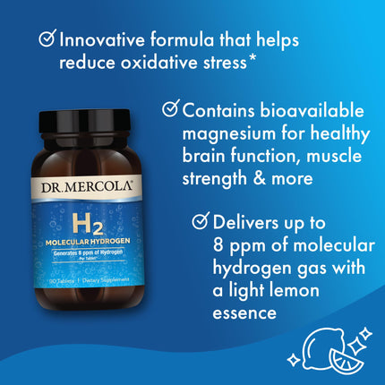 Suplemento dietético de hidrógeno molecular H2 del Dr. Mercola, 90 porciones (90 comprimidos), sin OGM, sin gluten, sin soja