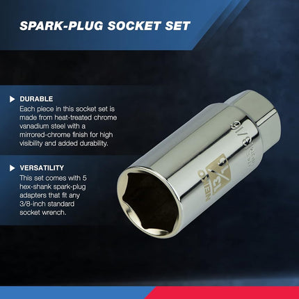Neiko 02500A 3/8" Drive Spark Plug Socket Set, 5 Piece, SAE and Metric, Rubber Retaining Inserts, Cr-V Steel, 14mm, 18mm, 9/16, 13/16, 5/8 Spark Plug Socket, Deep Well Socket Set, Spark Plug Tool
