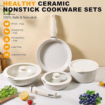 Cookware Set, Pots and Pans Set Non Stick, 12 Pcs Cookware Set for Cooking, Kitchen Cooking Set Frying Pan Nonstick Sauce Pans with Lid and Detachable Handle, Beige