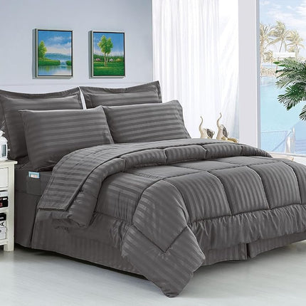 Elegant Comfort Silky Soft 8-Piece Dobby Stripe Bed-in-a-Bag Comforter Set, includes 4pc Smart Sheet Set, Bed Skirt, Comforter, Matching Pillowcases and Shams - Twin/Twin XL, Gray