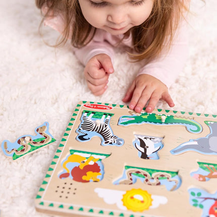 Melissa & Doug Zoo Animals Sound Puzzle - Wooden Peg Puzzle With Light-Activated Sound Effects (8 pcs) Animal Noise Puzzles for Toddlers 2+