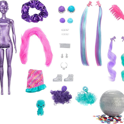 Barbie HBG41 - Color Reveal Balon Lalka zmiana włosów, Glitter Violet zestaw zabaw z 25 fryzur i niespodzianek świątecznych, wiek 3+