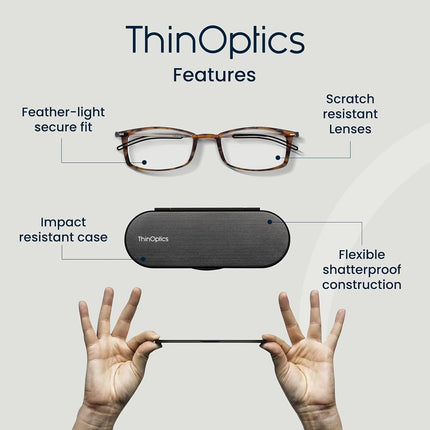 ThinOptics Blue Light Glasses 1.00, Tortoise Frame, Slim 4mm Case, Foldable